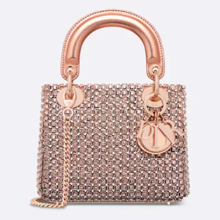 Dior Women CD Mini Lady Bag Square-Motif Embroidery Set Pink Strass White Round Beads