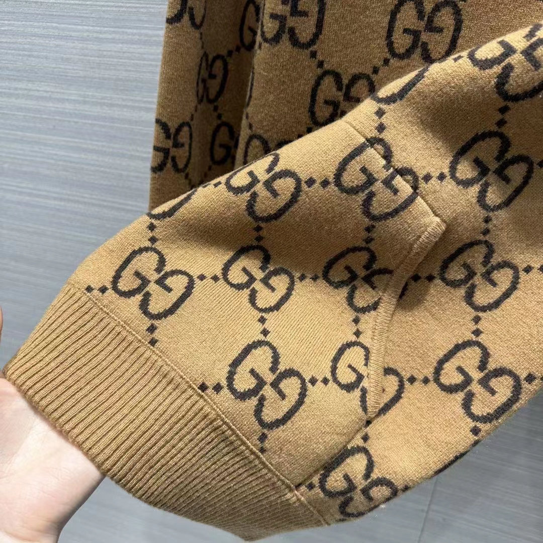 Gucci Women GG Wool Hooded Sweatshirt Camel Ebony Fixed Hood Kangaroo Pocket Rib