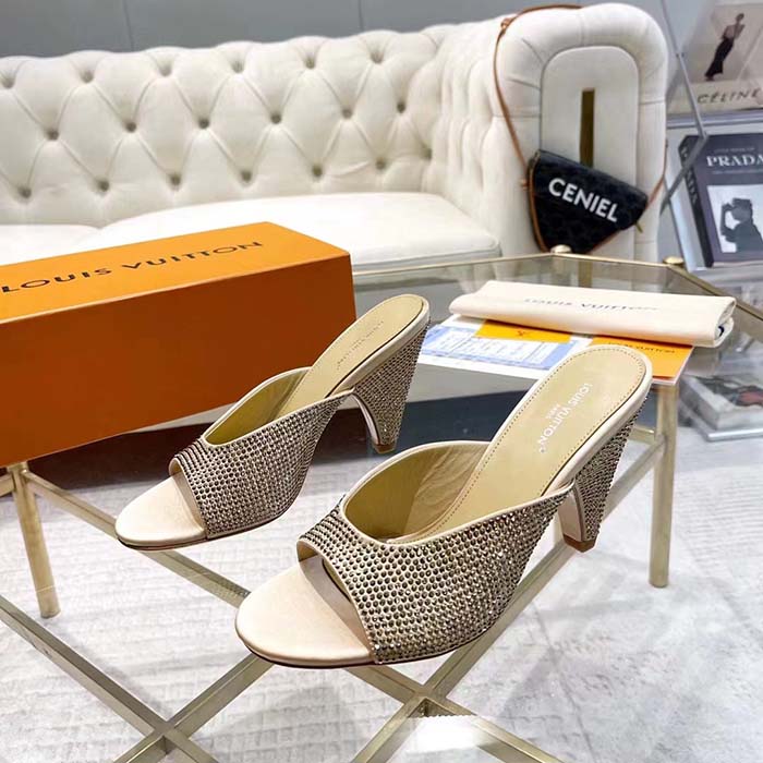 Louis Vuitton LV Women Super Mule Gold Strass Leather Outsole 10 CM Heel