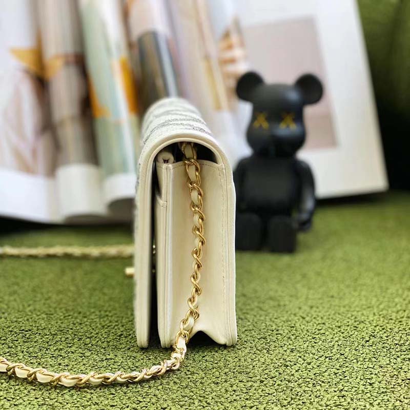 Chanel Women CC Wallet On Chain Embroidered Satin Sequins Gold-Tone Metal White Silver