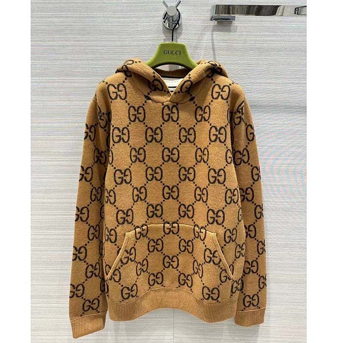 Gucci Women GG Wool Hooded Sweatshirt Camel Ebony Fixed Hood Kangaroo Pocket Rib