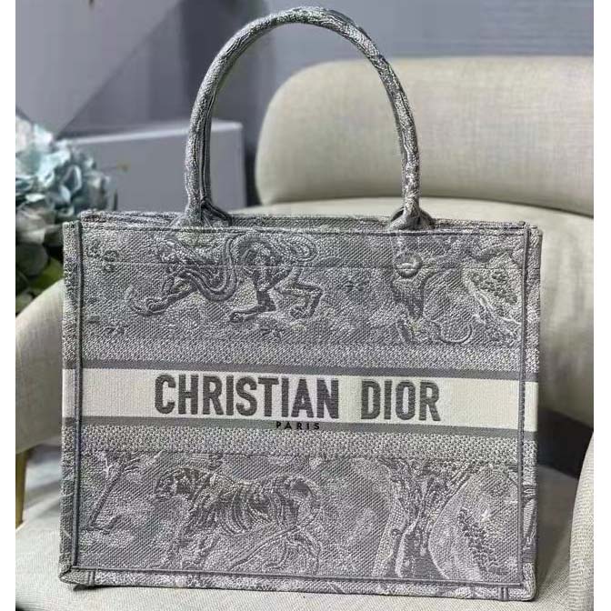 Dior Unisex CD Medium Dior Book Tote Gray Toile De Jouy Embroidery