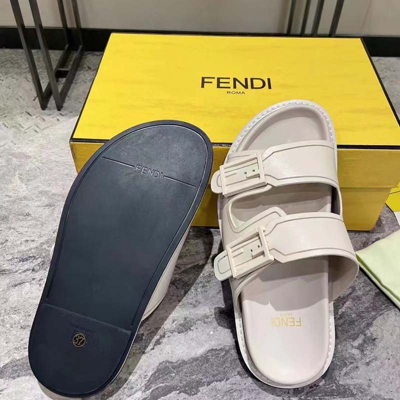 Fendi Women FF Fendi Feel White Leather Slides 0.5 Cm Heel