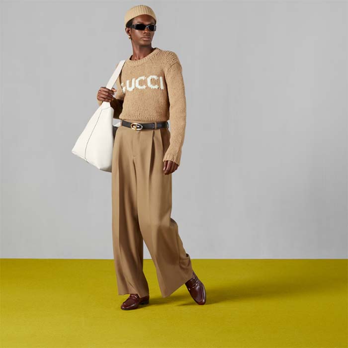 Gucci Men GG Wool Top Gucci Intarsia Camel Wool Crewneck Dropped Shoulder Long Sleeves Rib