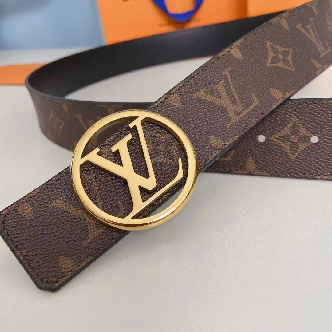 Louis Vuitton Unisex LV Circle 35 MM Reversible Belt Black Leather Monogram Canvas