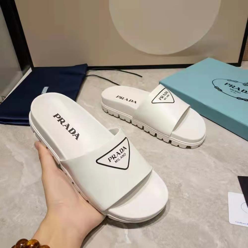 Prada Women Leather Slides in 20mm Heel-White