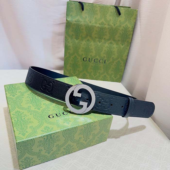 Gucci Unisex Blondie Wide Belt Black Maxi GG Leather G Buckle 4 CM Width