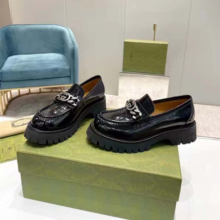 Gucci Unisex GG Loafer Interlocking G Black Leather Rubber Lug Mid 4.3 CM Heel