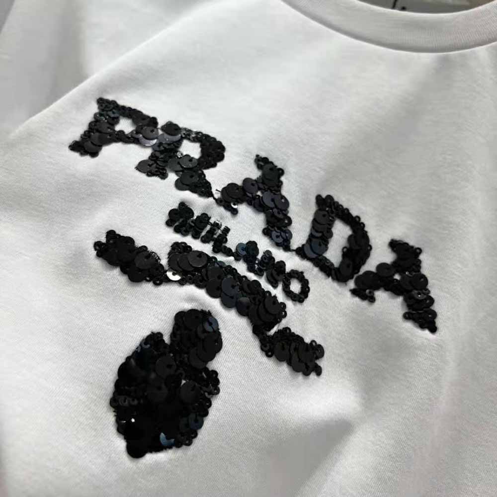 Prada Women Embroidered Interlock Crop T-shirt-White