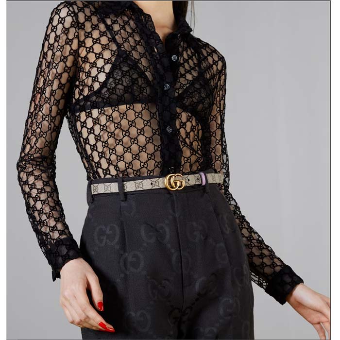 Gucci Unisex Marmont Reversible Thin Belt Beige Ebony GG Supreme Canvas Purple Leather