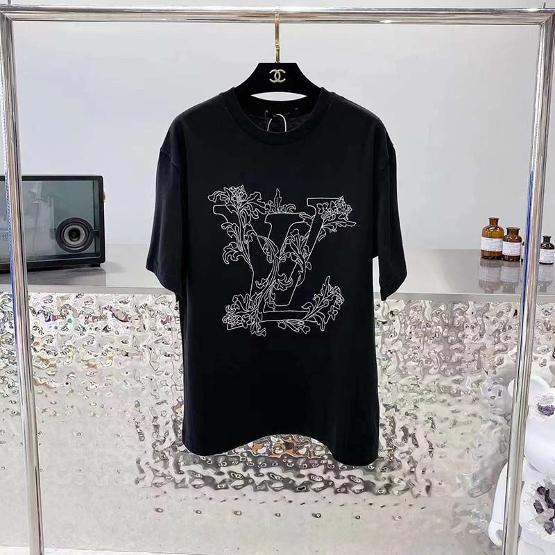 Louis Vuitton Men Embroidered LV Flower T-Shirt Cotton Jersey Regular Fit-Black