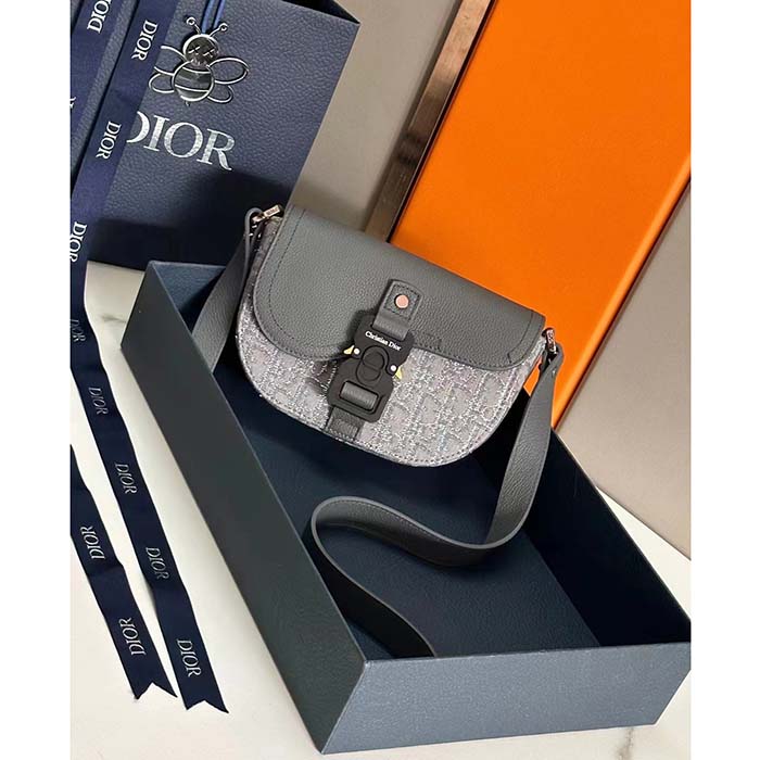 Dior Unisex CD Saddle Pouch Strap Black Grey Oblique Jacquard Grained Calfskin