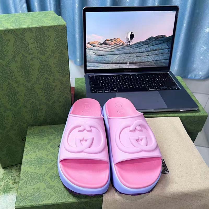 Gucci Women GG Slide Sandal Interlocking G Pink Purple Rubber Low Heel