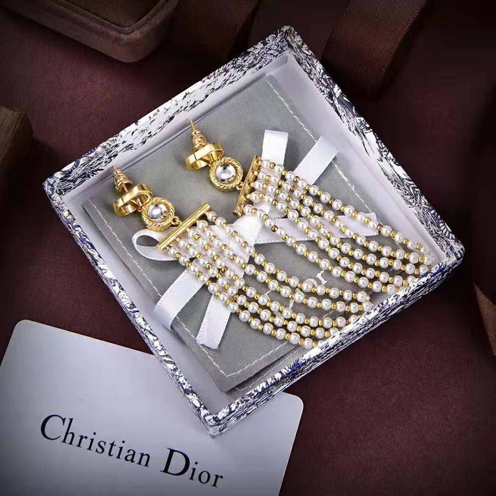 Dior Women La Parisienne Earrings Gold-Finish Metal with White Resin Pearls and Mirrors