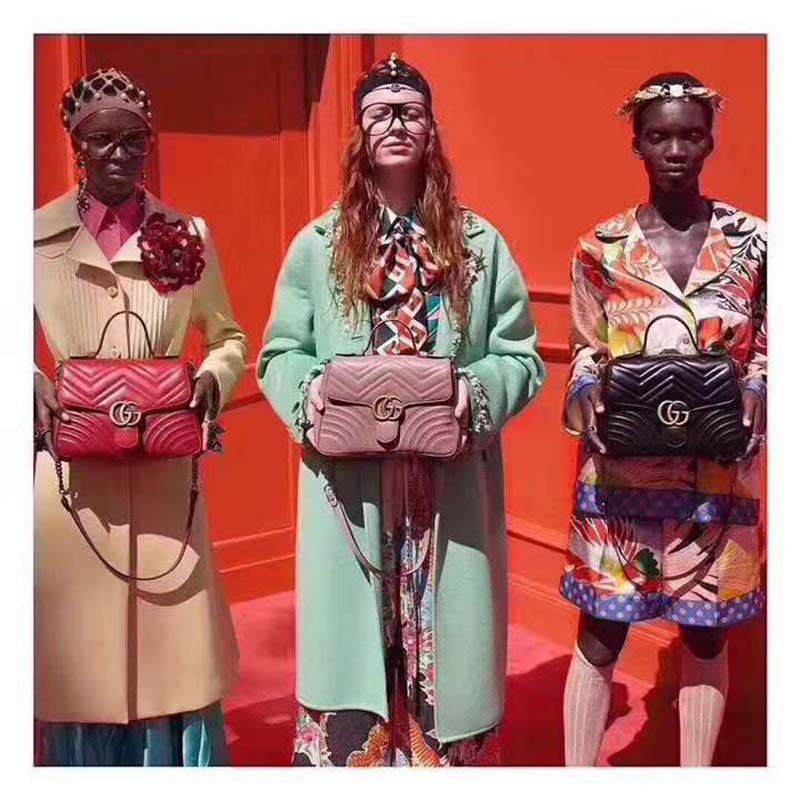 Gucci GG Women GG Marmont Small Top Handle Bag in Black Matelassé Chevron Leather