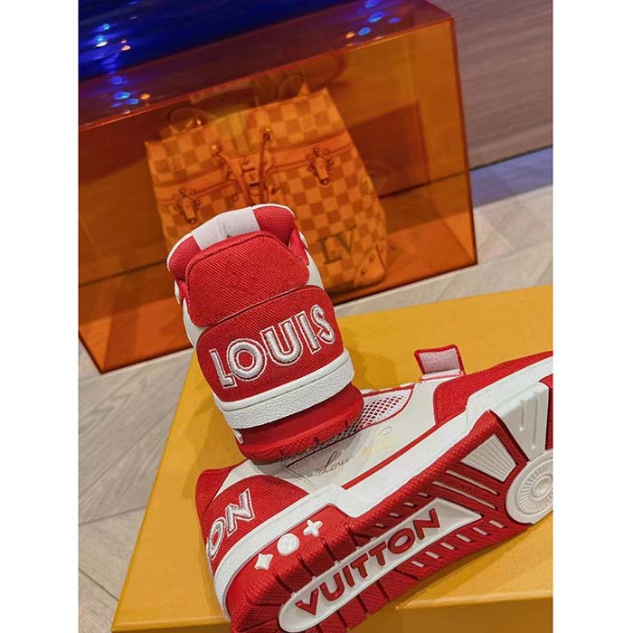 Louis Vuitton LV Unisex LV Trainer Sneaker Red Monogram Denim Rubber Outsole