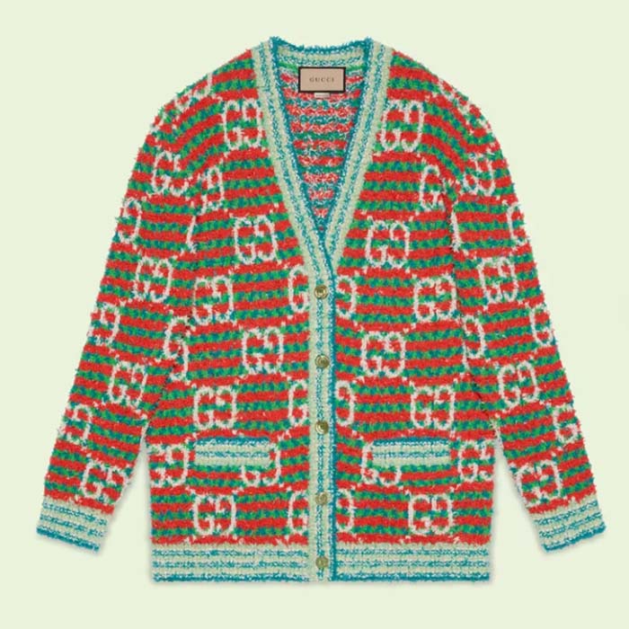 Gucci Men Maxi GG Cotton Cardigan Red Green Long Sleeves V-Neck
