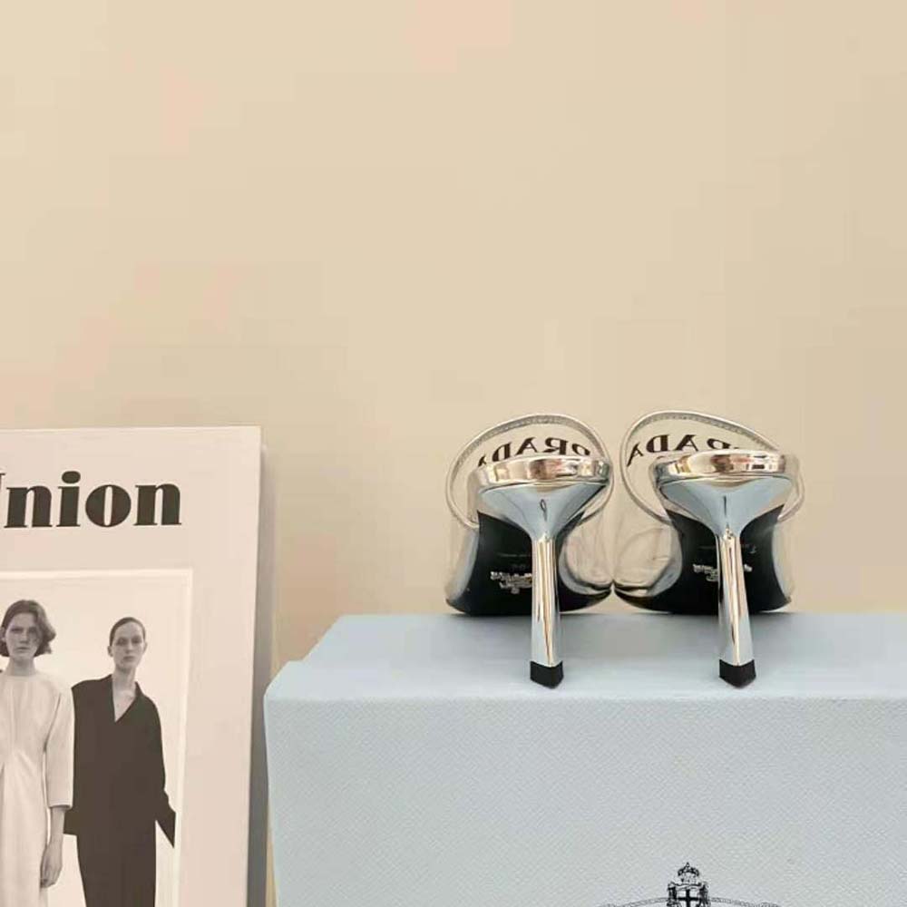 Prada Women Logo-print Plexiglas High-Heel Slides in 75mm Heel Height