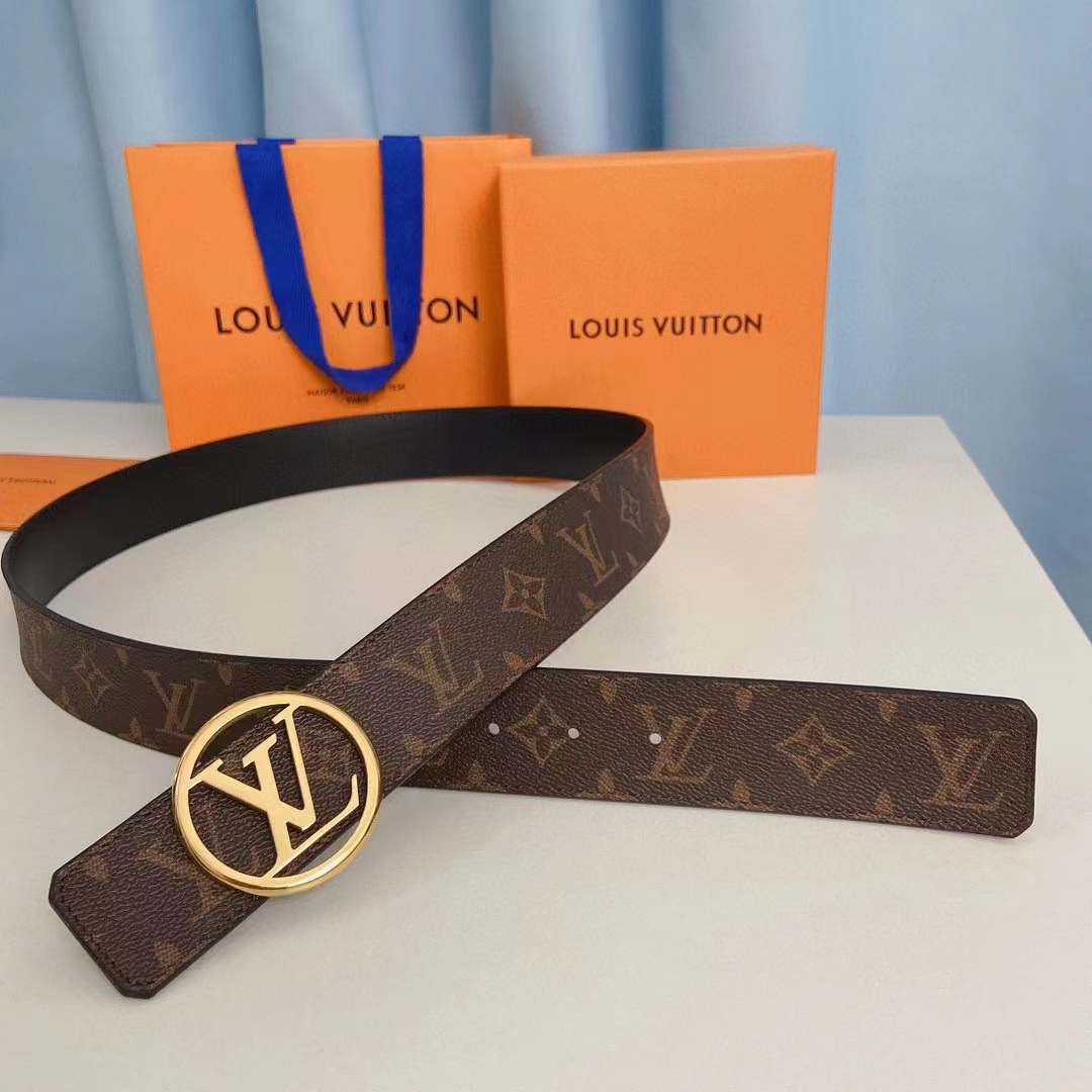 Louis Vuitton Unisex LV Circle 35 MM Reversible Belt Black Leather Monogram Canvas