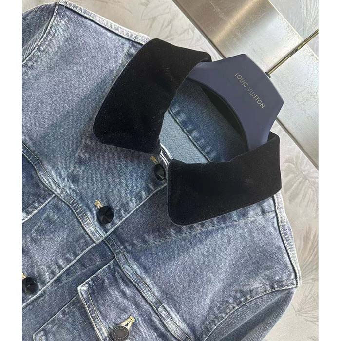 Louis Vuitton Women LV Velvet Accent Denim Jacket Cotton Blue Regular Fit 1AFEPJ