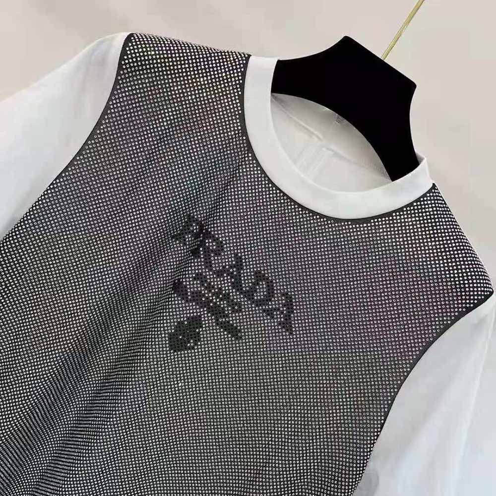 Prada Women Studded Chiffon and Jersey T-shirt-White