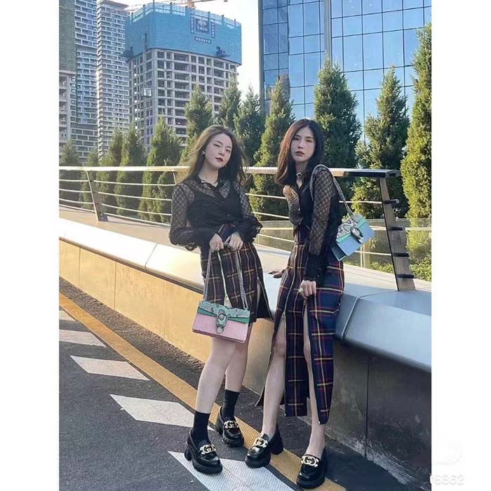 Gucci Women GG Lug Sole Interlocking G Loafer Black Patent Leather Low Heel Rubber