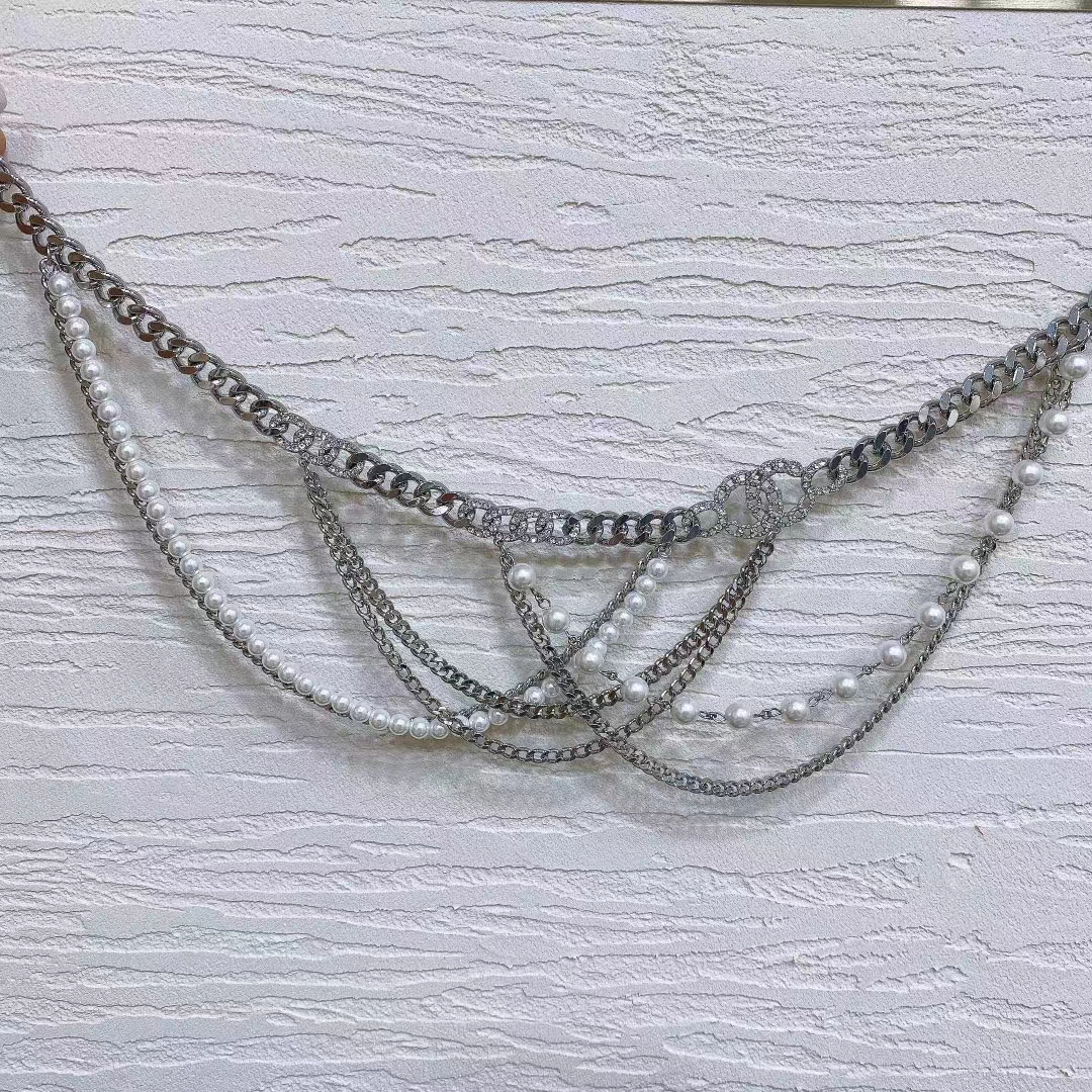 Chanel Women CC Chain Belt Metal Resin Glass Pearls Strass Silver Pearly White Crystal