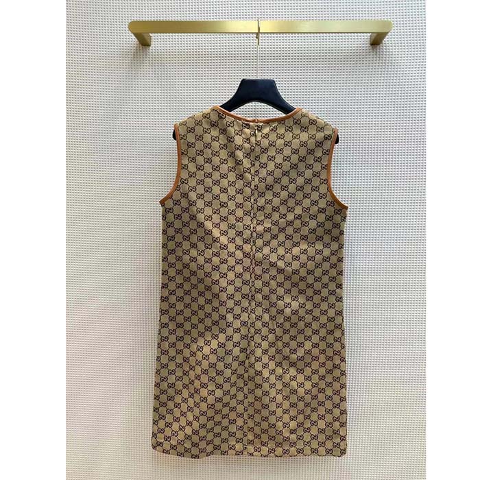 Gucci Women GG Canvas Dress Brown Beige Leather Unlined Crewneck Sleeveless