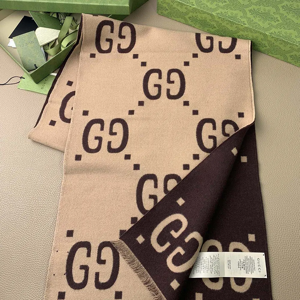 Gucci Unisex GG Jacquard Wool Silk Scarf-Brown 4955924G3502179