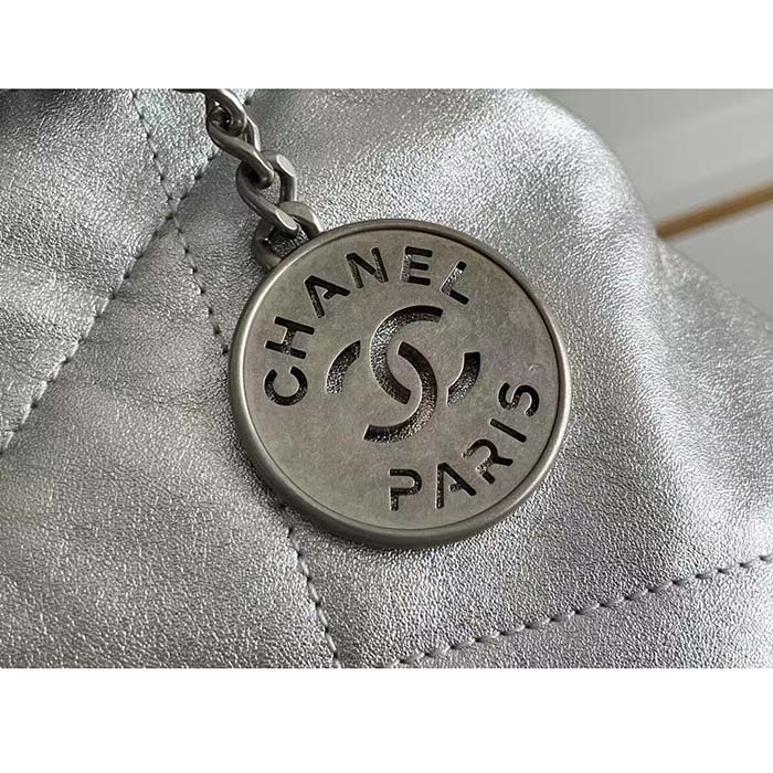 Chanel Women CC 22 Handbag Metallic Calfskin Silver-Tone Metal Silver
