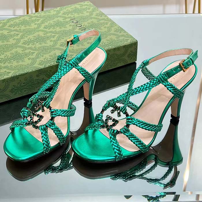 Gucci Women Crystal Interlocking G Sandal Green Metallic Braided Leather High Heel