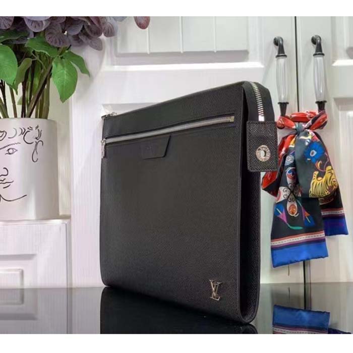 Louis Vuitton LV Unisex Pochette 24H Black Taiga Cowhide Leather Zip Closure