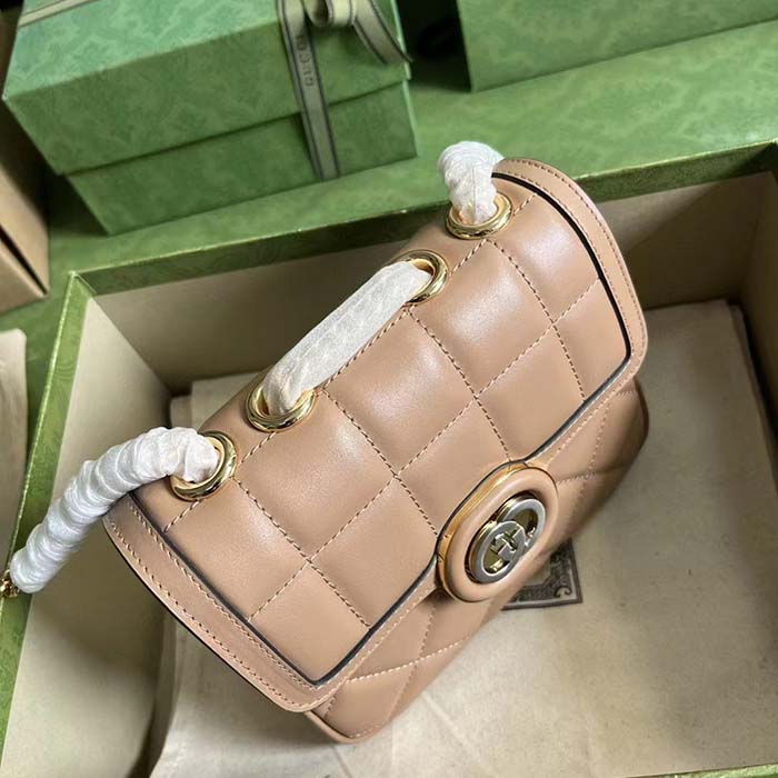 Gucci Women GG Deco Mini Shoulder Bag Rose Beige Quilted Leather Interlocking G