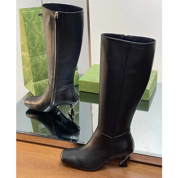 Gucci Women GG Boot Black Leather Geometric Heel Metal Inserts Mid-Heel