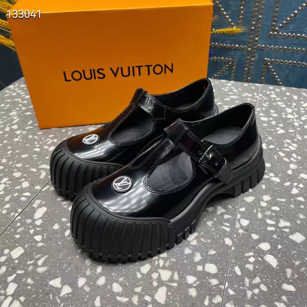 Louis Vuitton Women Ruby Flat Mary Jane Black Calf Leather Rubber LV Circle Signature
