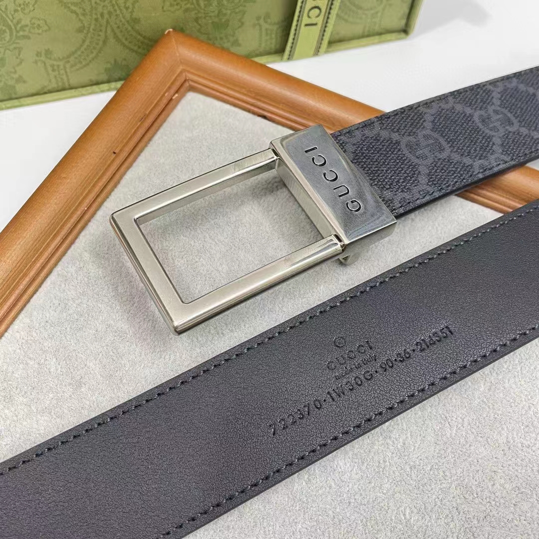 Gucci Unisex Belt Rectangular Buckle Black GG Supreme Canvas 3.6 CM Width