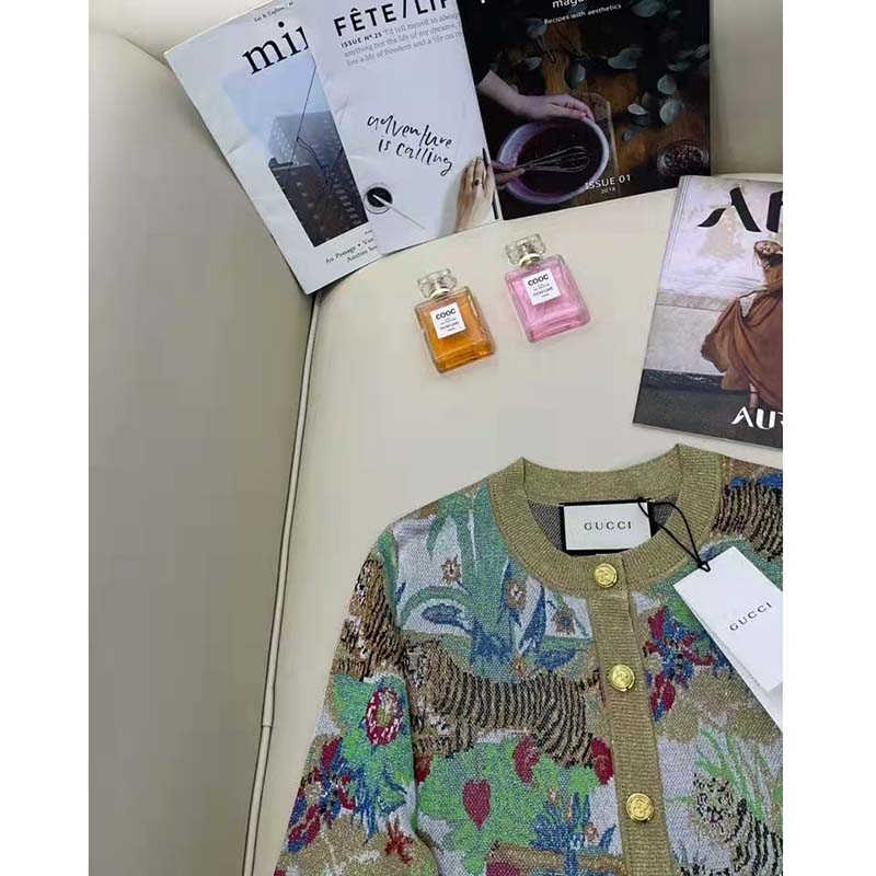 Gucci Women GG Tiger Jacquard Cardigan Gold Green Tiger Flower Extra Fine Lurex Crewneck