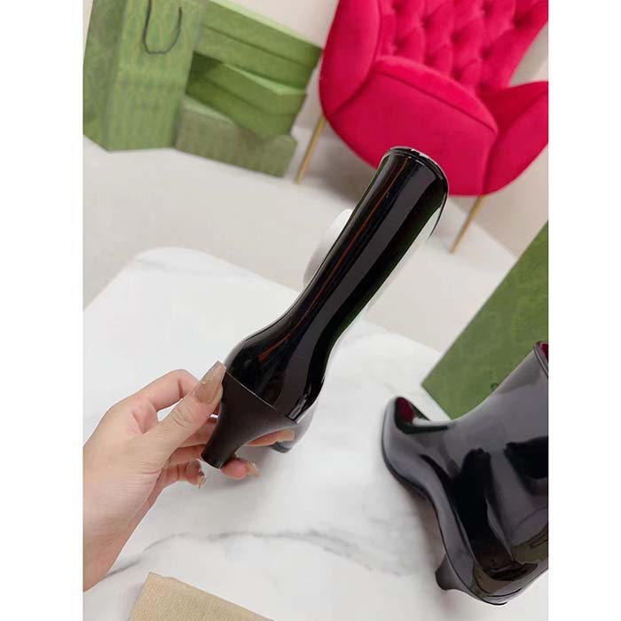 Gucci Women Interlocking G Ankle Boot Black Shiny Rubber Matte Point Toe Low-Heel