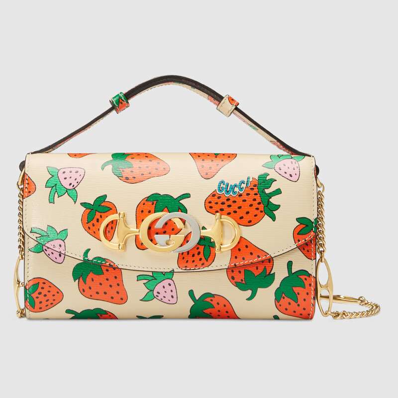 Gucci GG Women Gucci Zumi Strawberry Print Mini Bag in Gucci Strawberry Print Ivory Leather