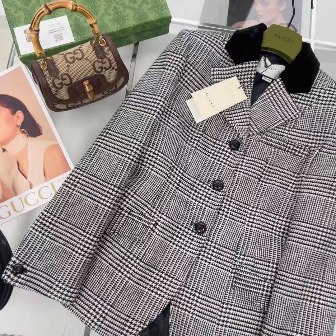 Gucci Women GG Prince Wales Check Jacket Black White Long Sleeves Flap Pockets