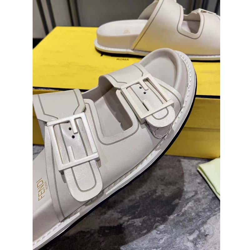Fendi Women FF Fendi Feel White Leather Slides 0.5 Cm Heel