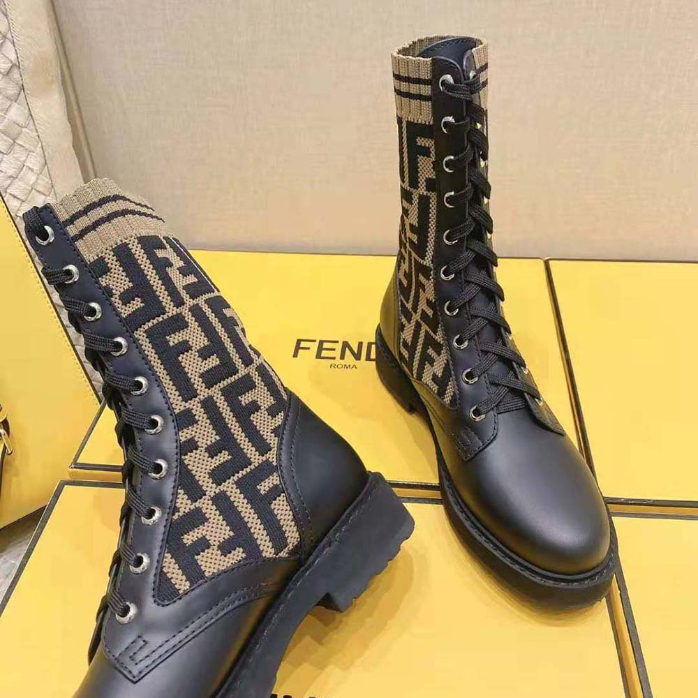Fendi Women Rockoko Black/Brown Leather Biker Boots with Stretch Fabric