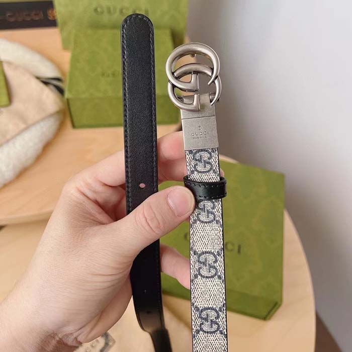 Gucci Unisex GG Marmont Reversible Thin Belt Beige Ebony GG Supreme Canvas Double G Buckle