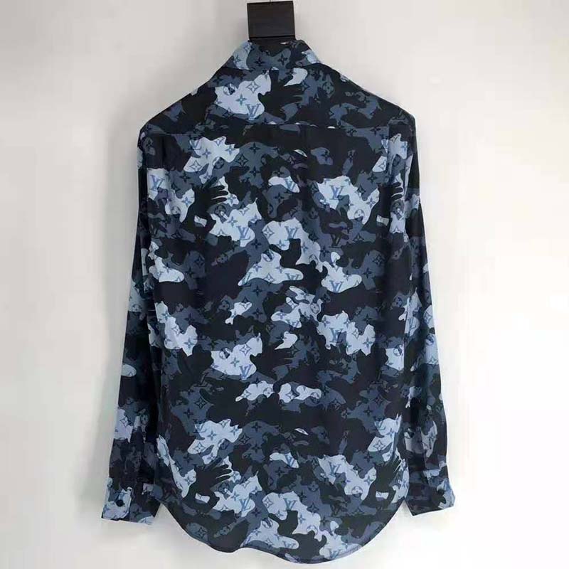 Louis Vuitton Women Camo Regular Silk Shirt LV Signature Blue Regular Fit