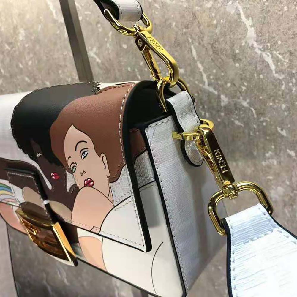 Fendi Women Baguette FF White Glazed Fabric Bag with Inlay