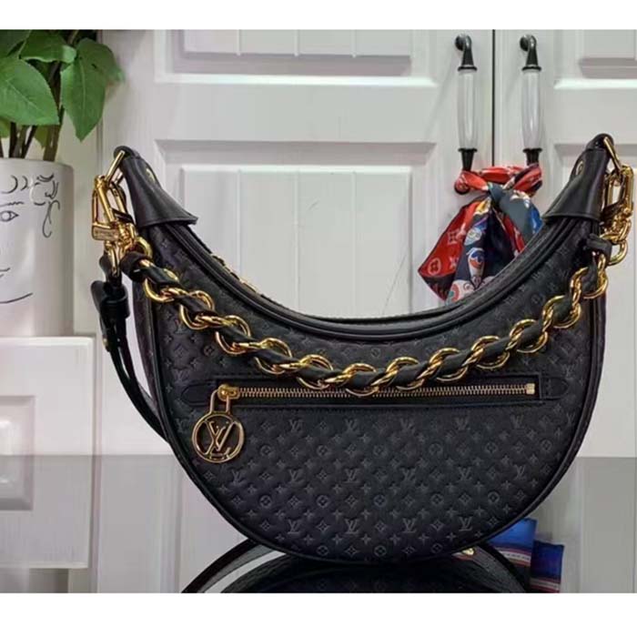 Louis Vuitton LV Women Loop Half-Moon Baguette Bag Black Calfskin Monogram Flowers