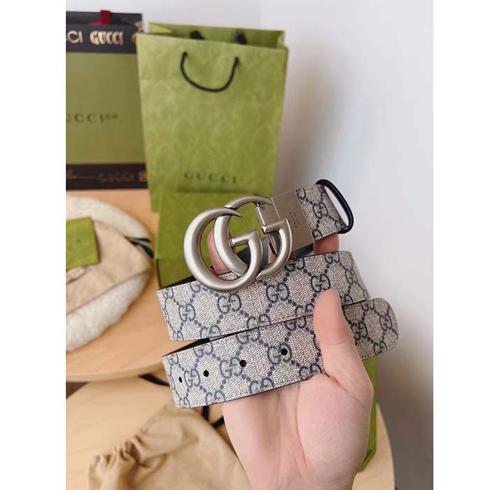 Gucci Unisex GG Marmont Reversible Belt Beige Blue GG Supreme Canvas Double G Buckle