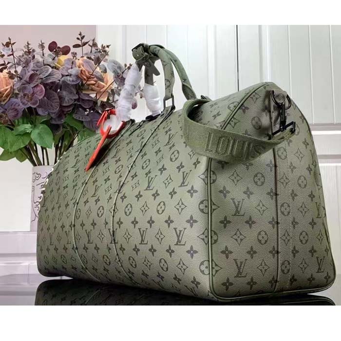 Louis Vuitton LV Unisex Keepall Bandoulière 55 Khaki Green Vermillion Red Monogram Canvas