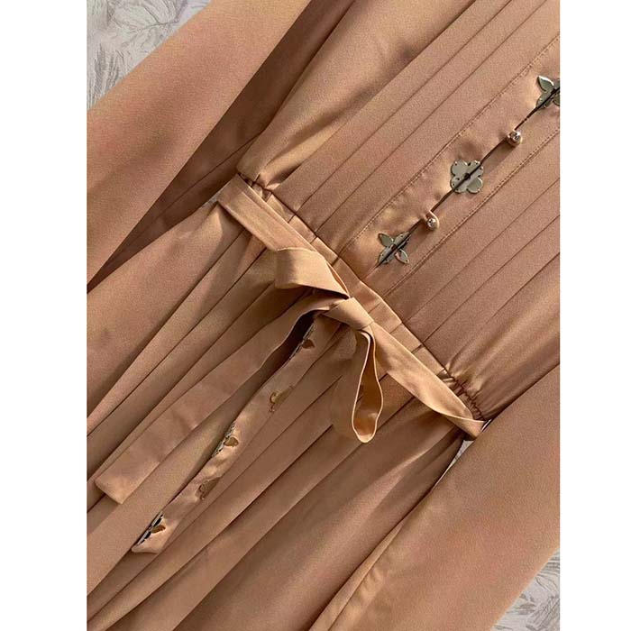 Louis Vuitton LV Women Monogram Accent Pleat Dress Silk Beige 1AFEVC
