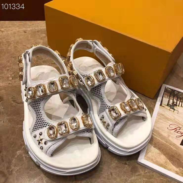 Gucci Women Leather and Mesh Sandal with Crystals 4.6 cm Heel-White